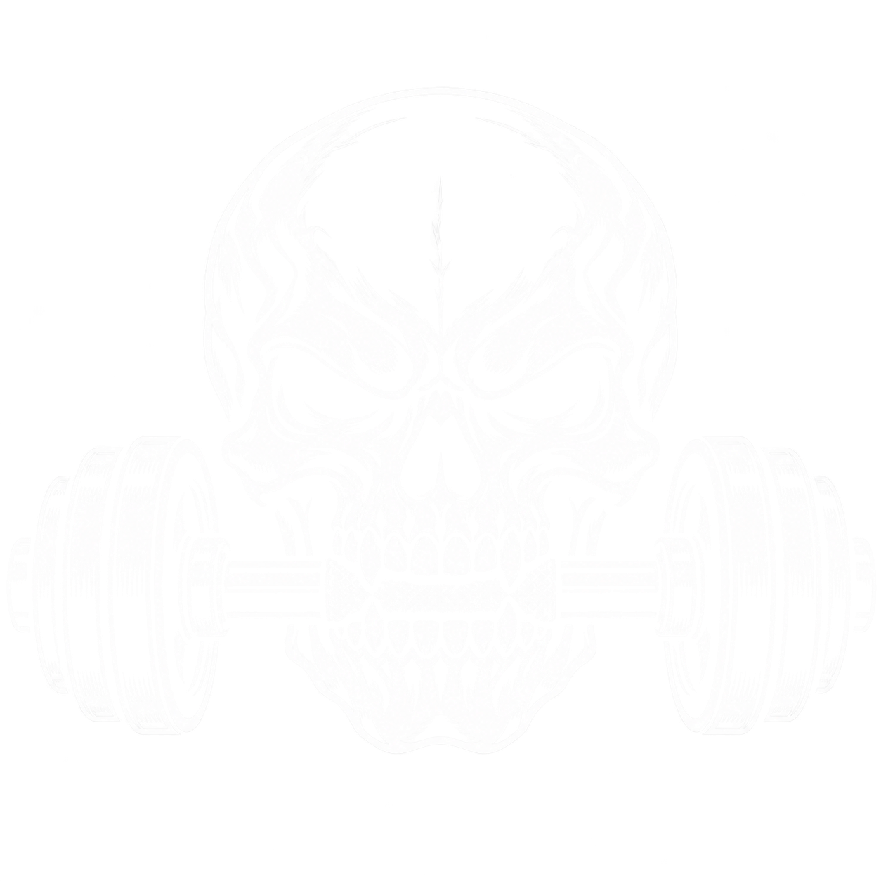 A skull biting a weighted barbell
